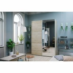 BAUHAUS Express Möbel Schwebetürenschrank Swift B X T X H: 150 X 68 X 216 Cm, Mit Spiegel, Ohne Zubehör, Farbe Front: Weiß, Farbe Korpus: Eiche Jackson -Schränke Möbel Mall 12 1327