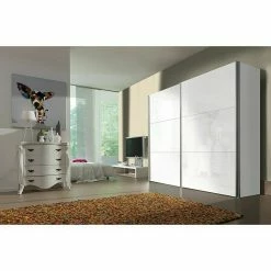 BAUHAUS Express Möbel Schwebetürenschrank Stars B X T X H: 250 X 68 X 236 Cm, Farbe Griff: Aluminiumfarben, Farbe Front: Weißglas, Farbe Korpus: Weiß -Schränke Möbel Mall 12 1733